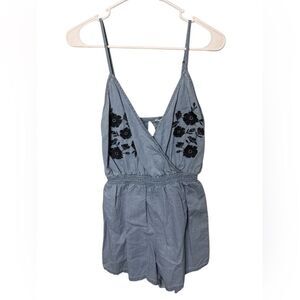 Love Tree Chambray Floral Embroidered Romper Blue Gray Size S